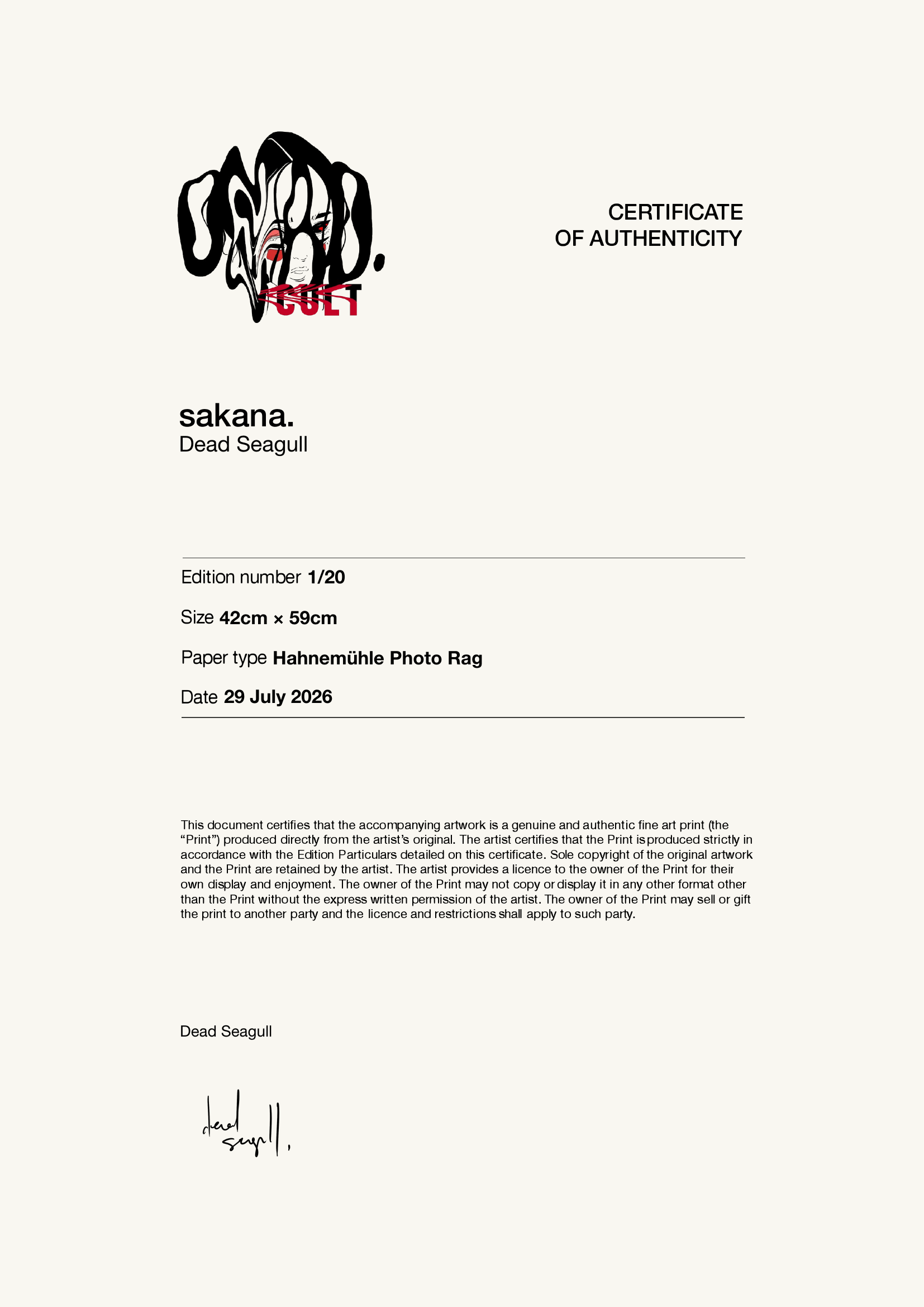 sakana. — Certificate of Authenticity