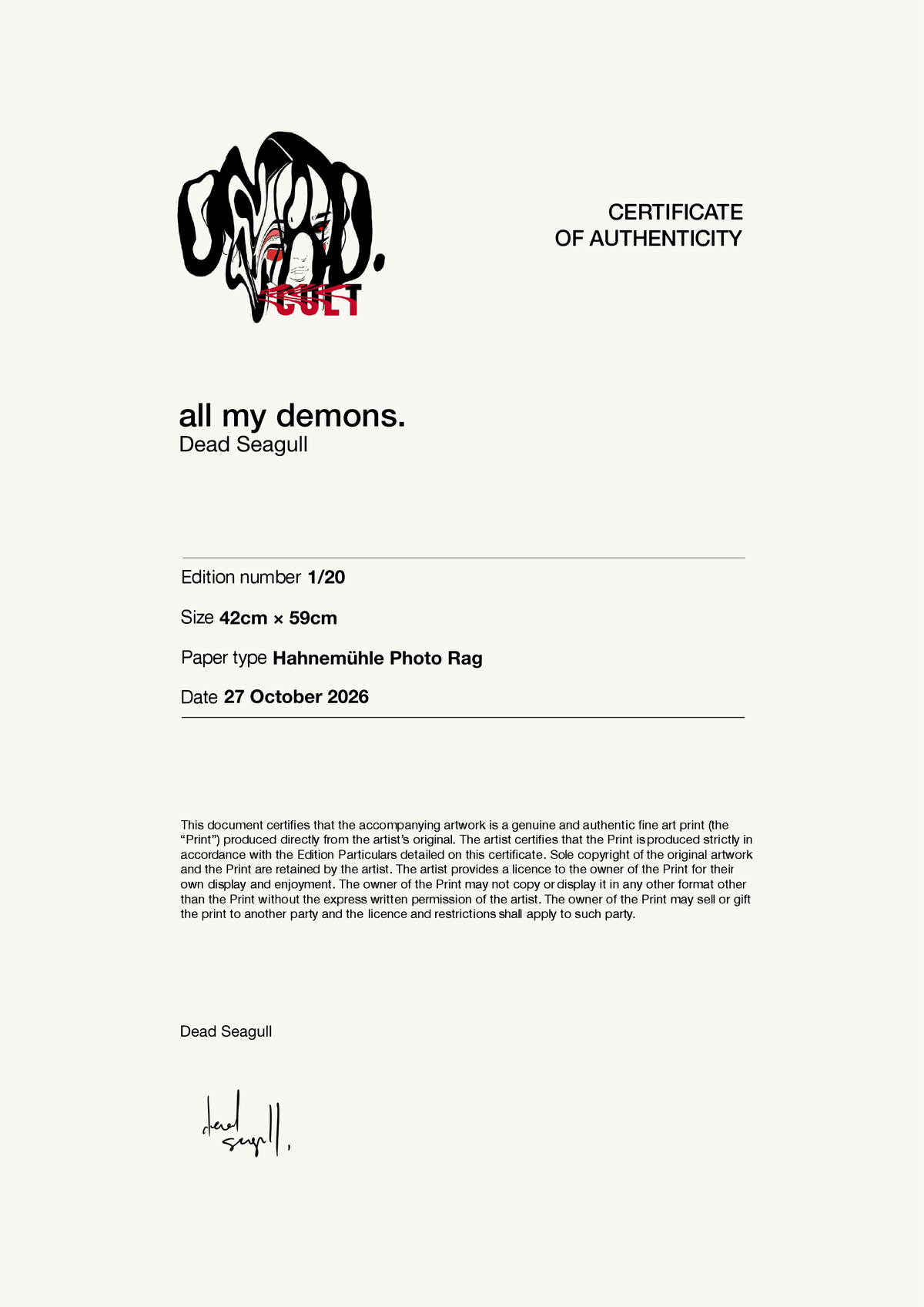all my demons. — Certificate of Authenticity